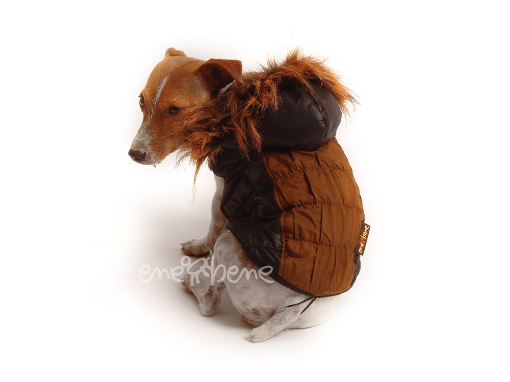 Ene Bene obleček - bunda pro psa Ben hnědo černá s kapucí a kožešinou S