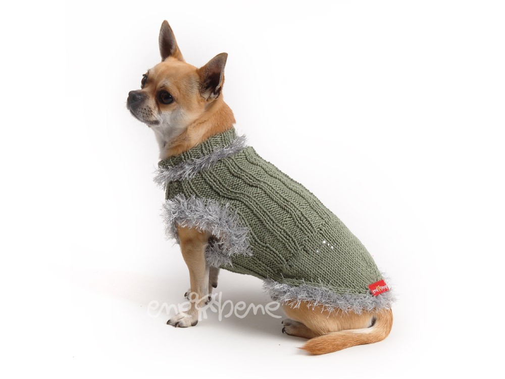 Ene Bene obleček - svetr pro psa khaki zdobený kamínky XS