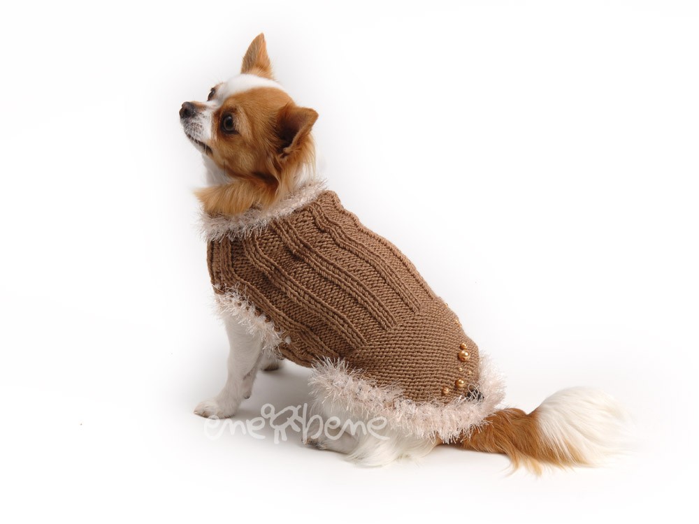 Ene Bene obleček - svetr pro psa světle hnědý zdobený perličkami XS